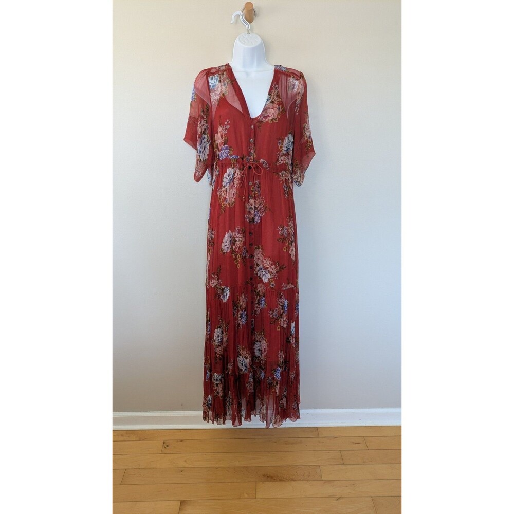 Johnny Was Silk Maxi Dress M Sheer Floral Button Tie Waist Boho Tiered Flowy